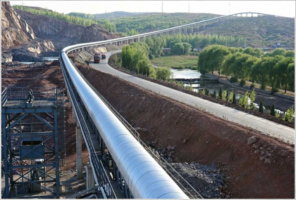 Long-distance, high-capacity horizontal curved belt conveyor